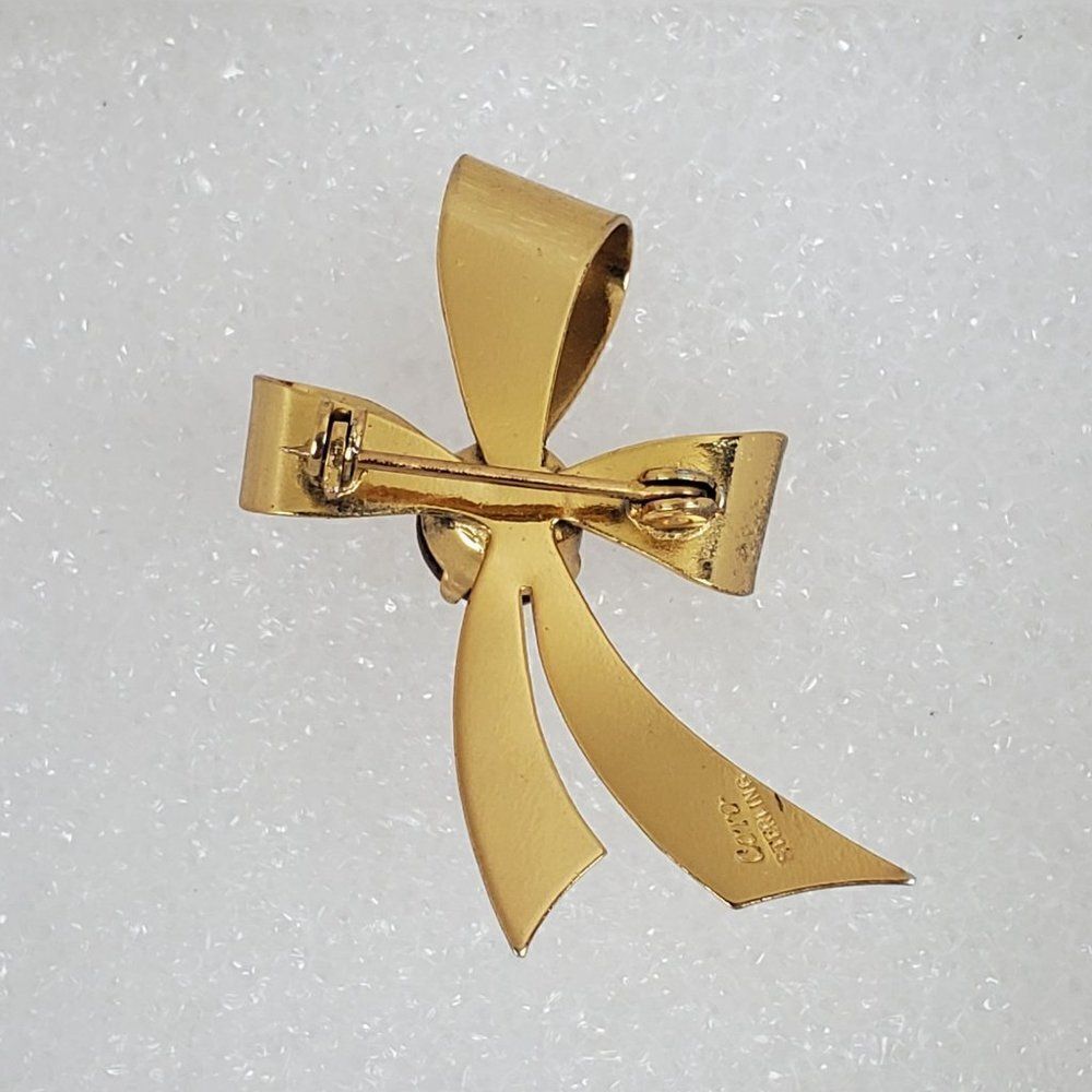 Vintage Coro Sterling Silver Gold Vermeil Red Glass Cabochon Ribbon‎ Brooch Pin - Picture 5 of 11